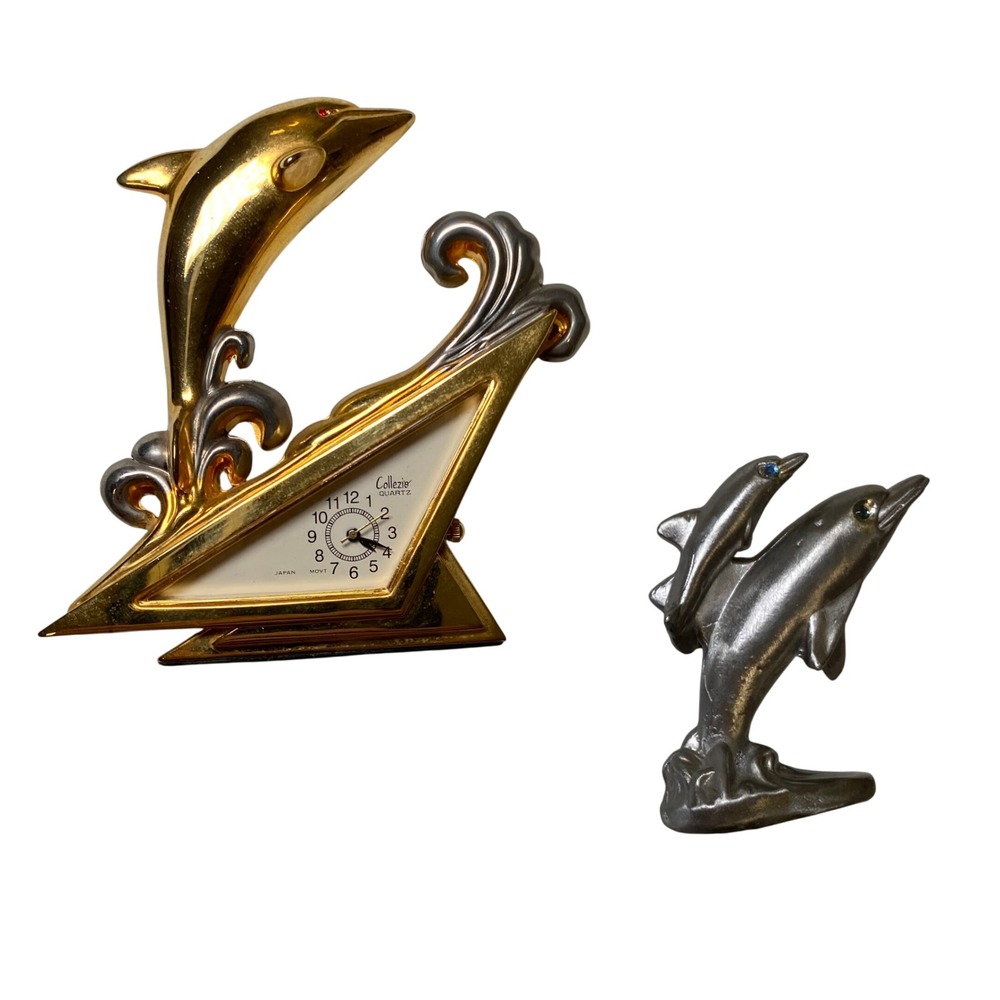 VNG Dolphin Decor Lot Collezio Quartz Desk Clock Working & Pewter Dolphin Figure